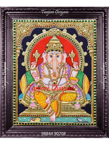 Lord Ganesha Tanjore painting with gold foil work, seated Vinayagar and traditional Thanjavur art detailing